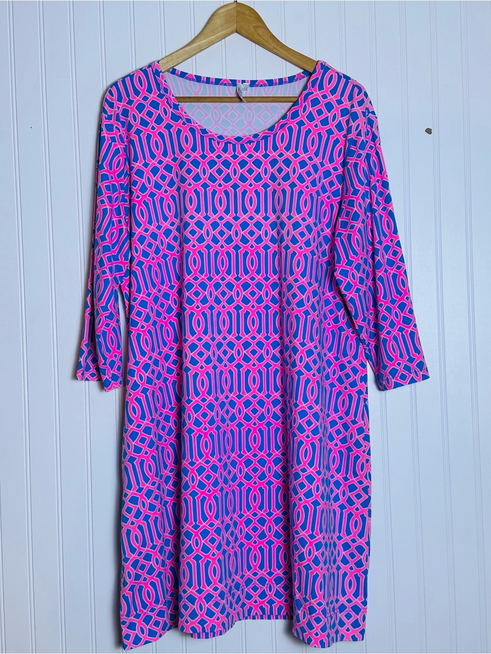 Lulu B 3/4 Sleeves Dress Crew Neckline Cornflower Blue Pink White Sz 1X Resort